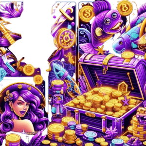 Gold coin chest with fish table game creatures